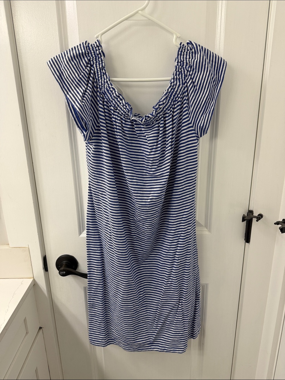 Vineyard Vines Navy and White Striped Off-Shoulder Midi Dress